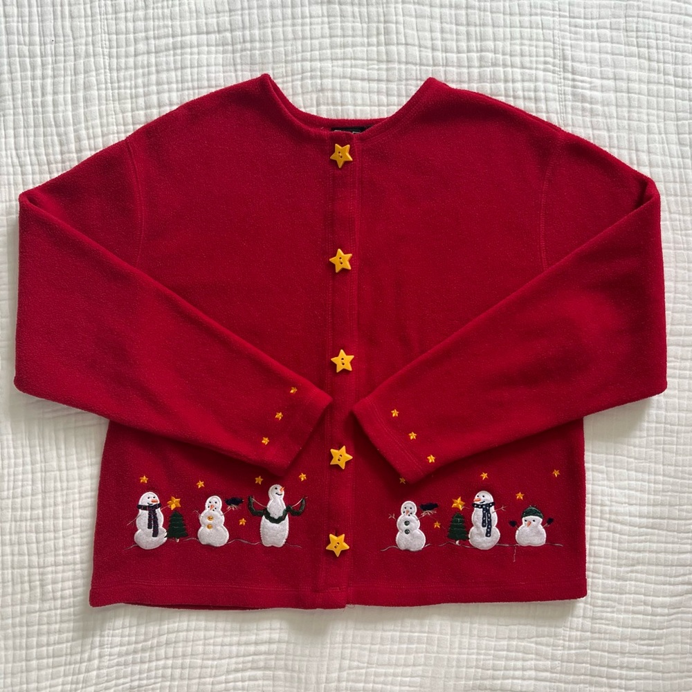 C & B Sport red winter holiday snowman Christmas fleece cardigan sweater  Small